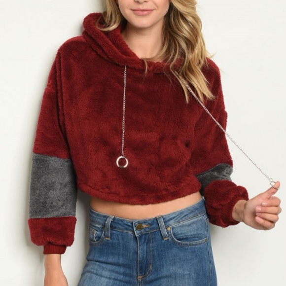 NWOT Burgundy & Gray Crop Sherpa Hoodie - Picture 1 of 2
